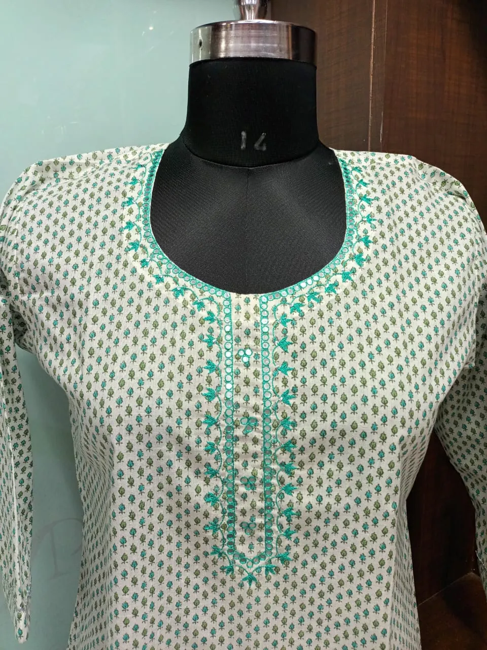 Sea Green Cotton Kurti with Aari Work