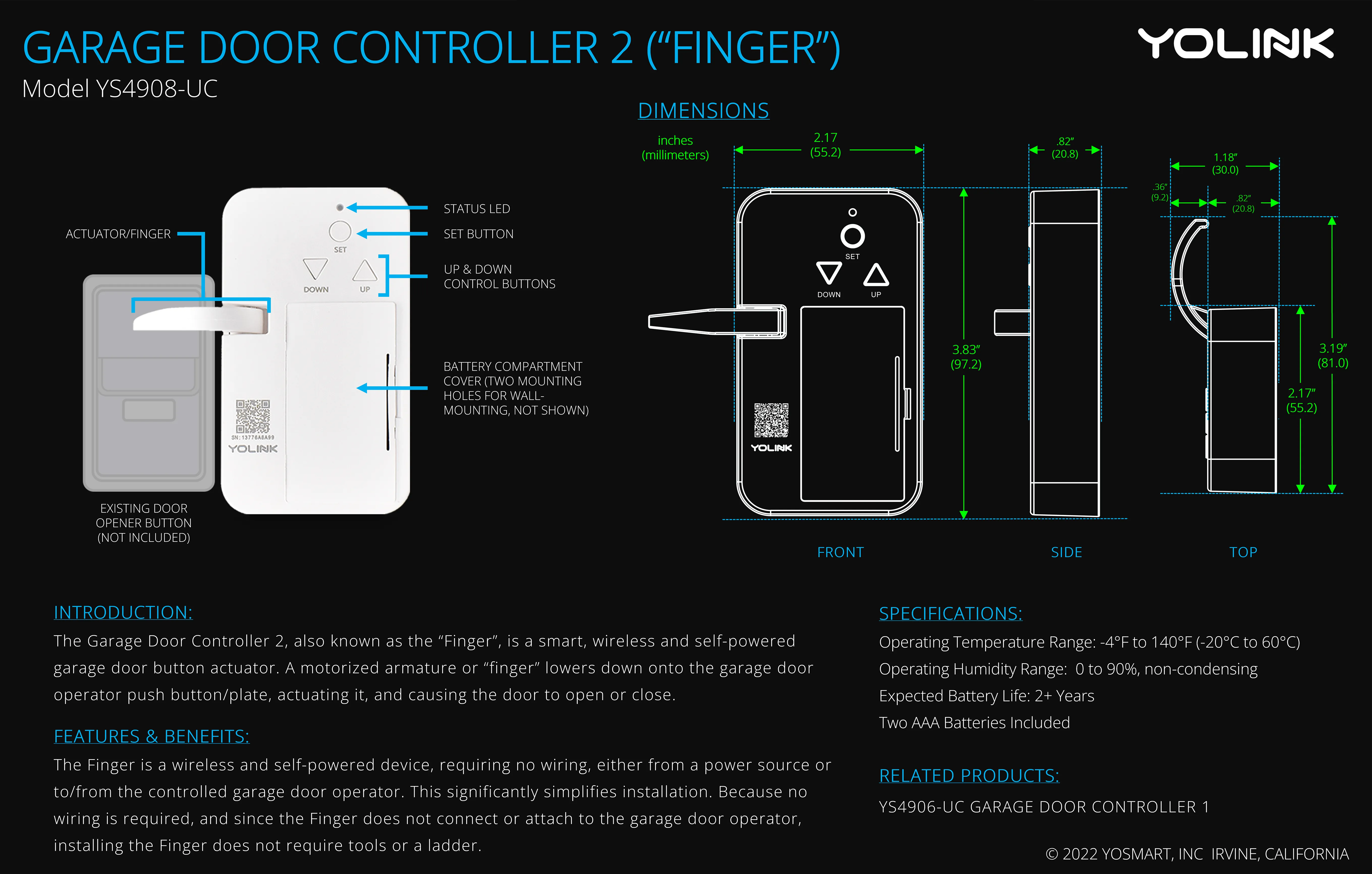 Smart Garage Door Kit 2 - YoLink Finger, Garage Door Sensor, YoLink Hub
