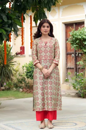 Straight Fit Olive Green Kurta In Printed Chanderi Fabric