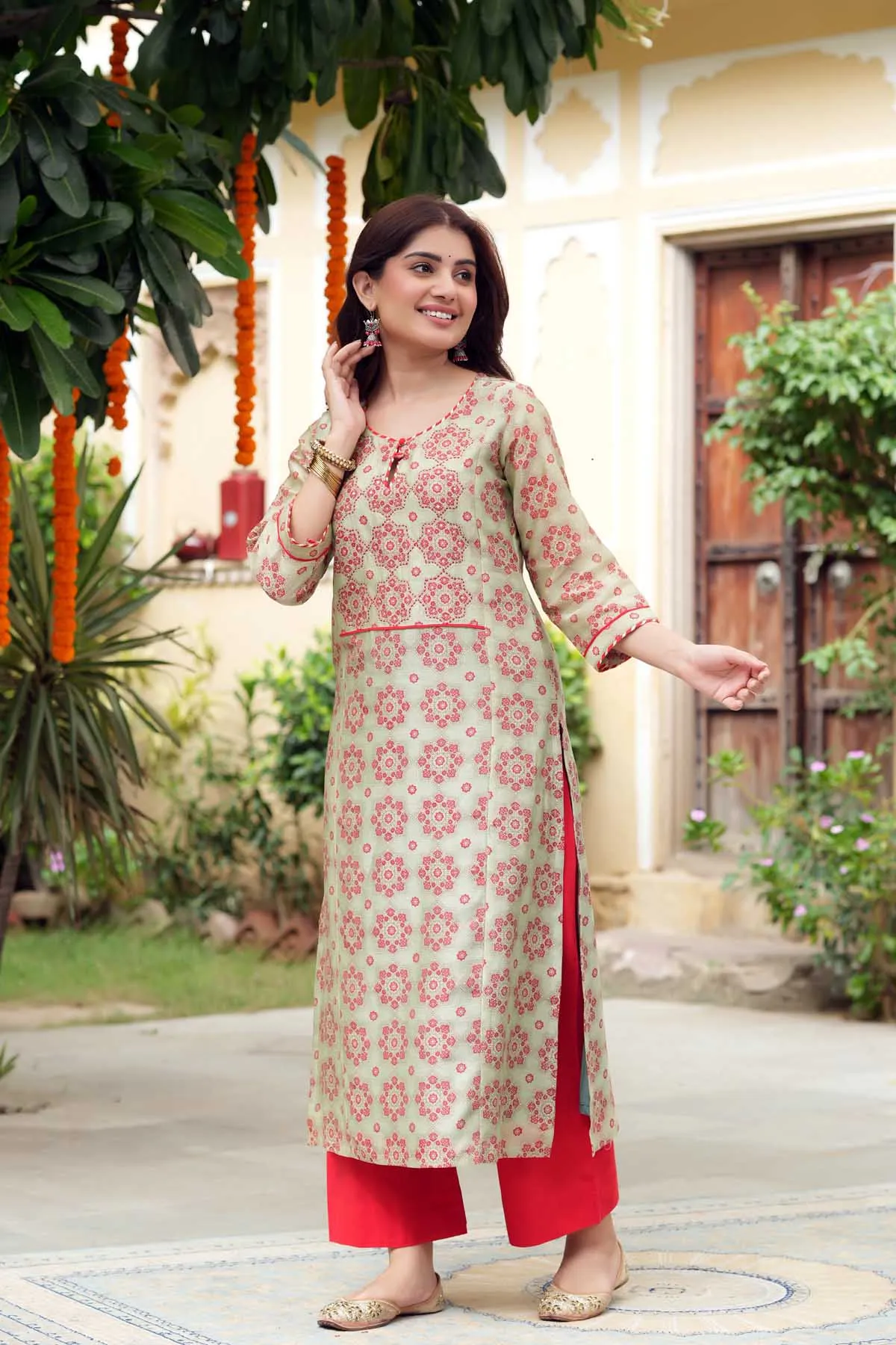 Straight Fit Olive Green Kurta In Printed Chanderi Fabric
