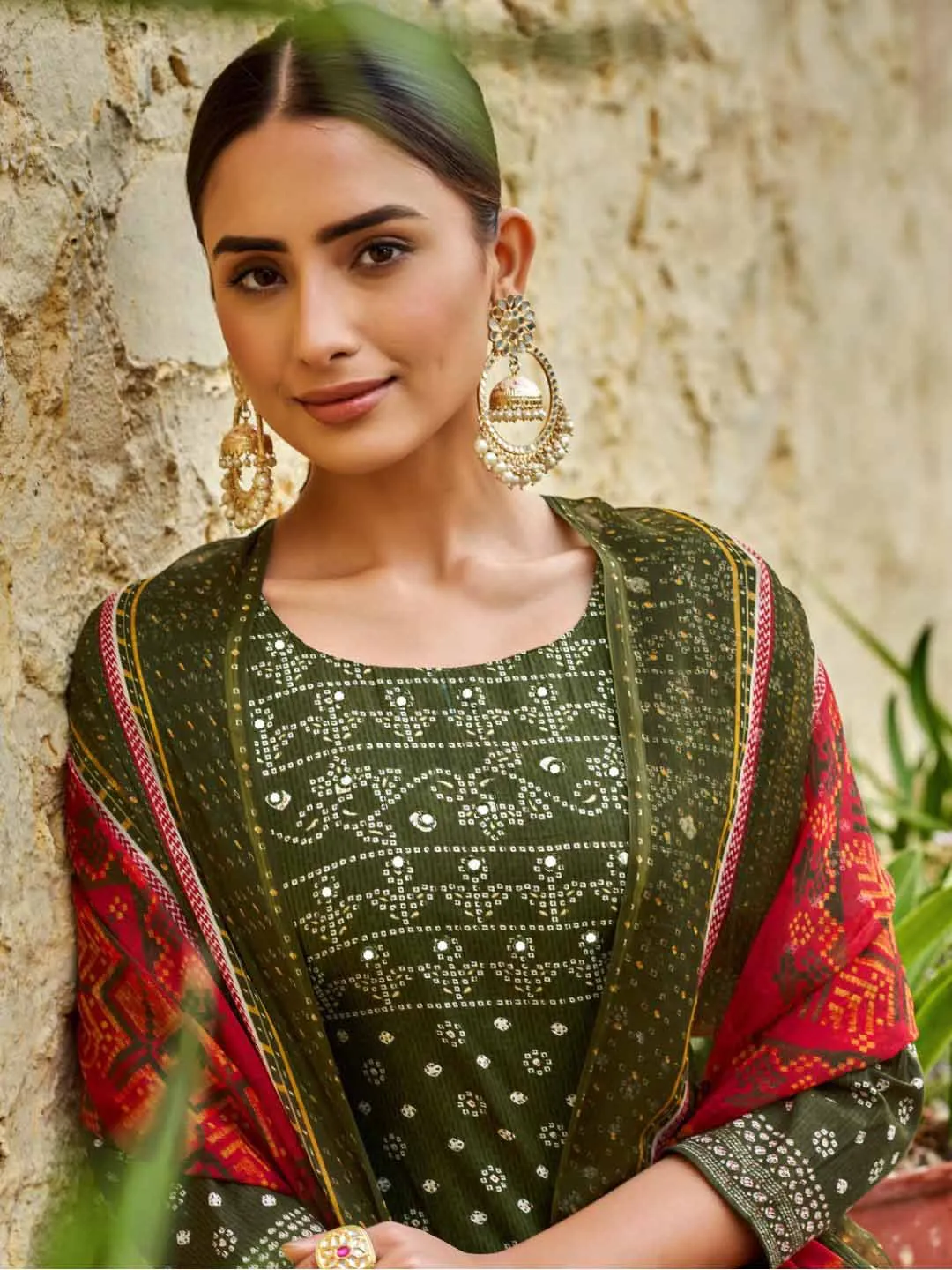 Unstitched Printed Green Cotton Salwar Suit Dress Material for Women