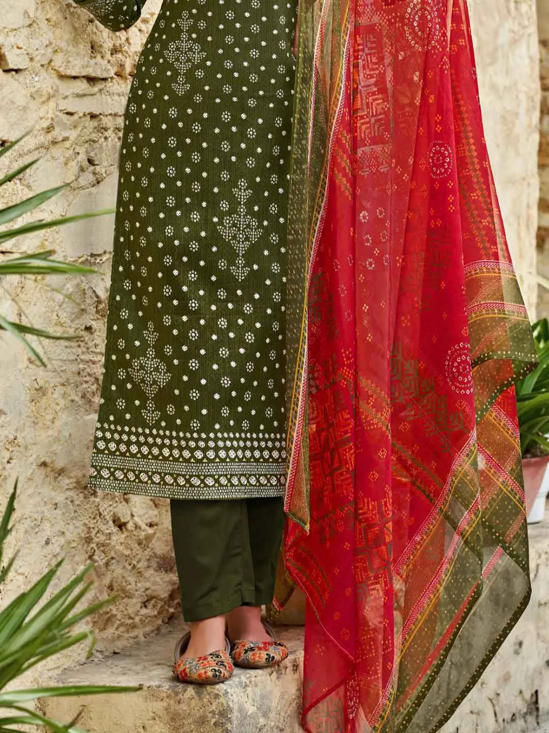 Unstitched Printed Green Cotton Salwar Suit Dress Material for Women
