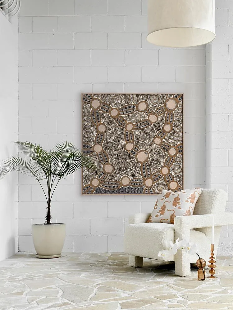 Wanakiji Jukurrpa (Bush Tomato Dreaming) Brown Canvas Art Print | Framed Oak