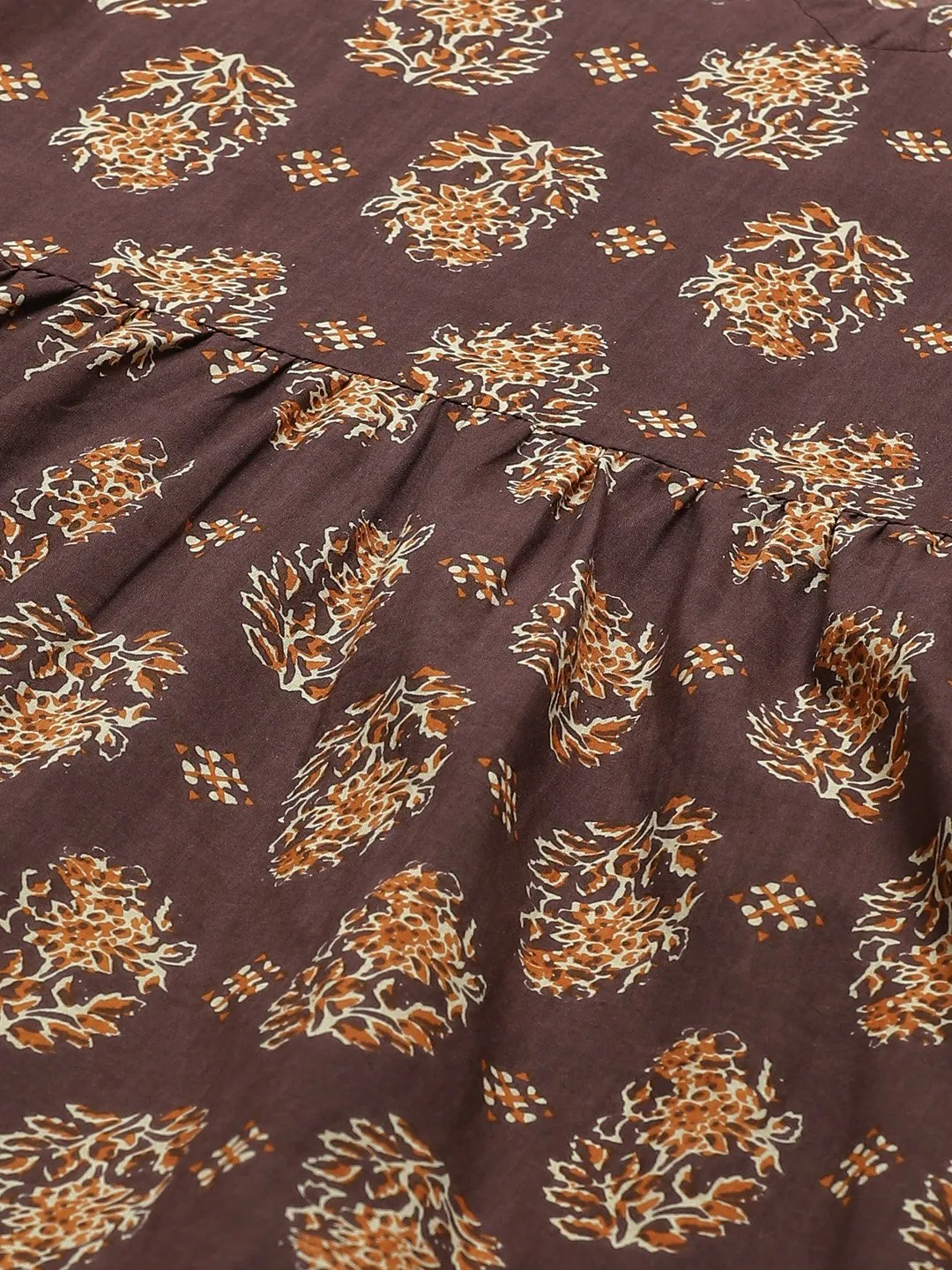 Women Brown Three-Quarter Sleeves Flared Kurta With Trouser