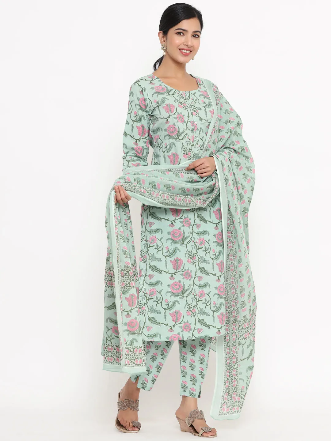 Women Green Floral Print Hand Work Cotton Kurta With Pant & Dupatta