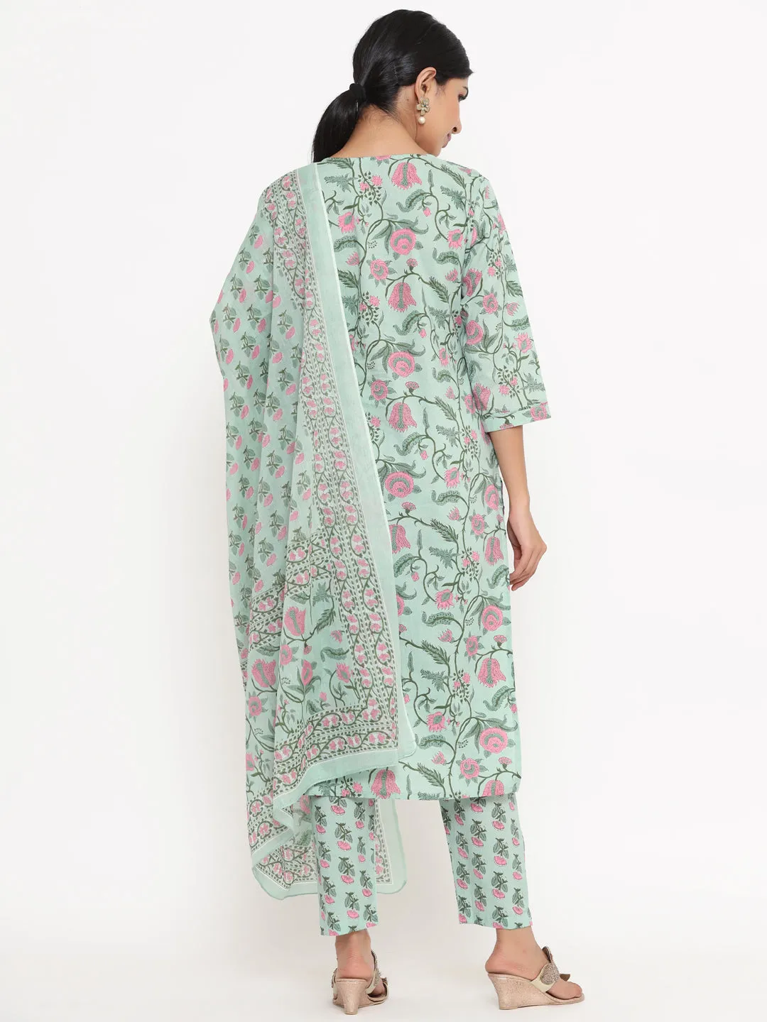 Women Green Floral Print Hand Work Cotton Kurta With Pant & Dupatta