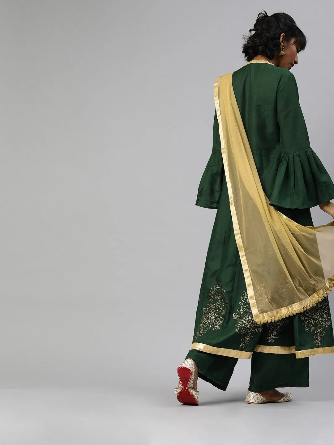 Women Green Floral Printed Kurta With Palazzos & Dupatta