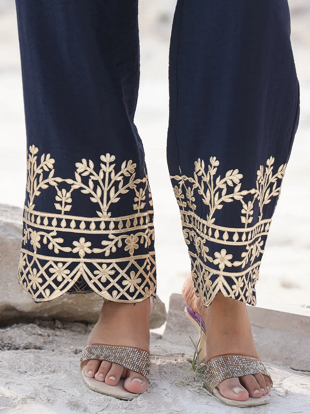 Women navy blue pure silk Co-ord set with gota work detailing