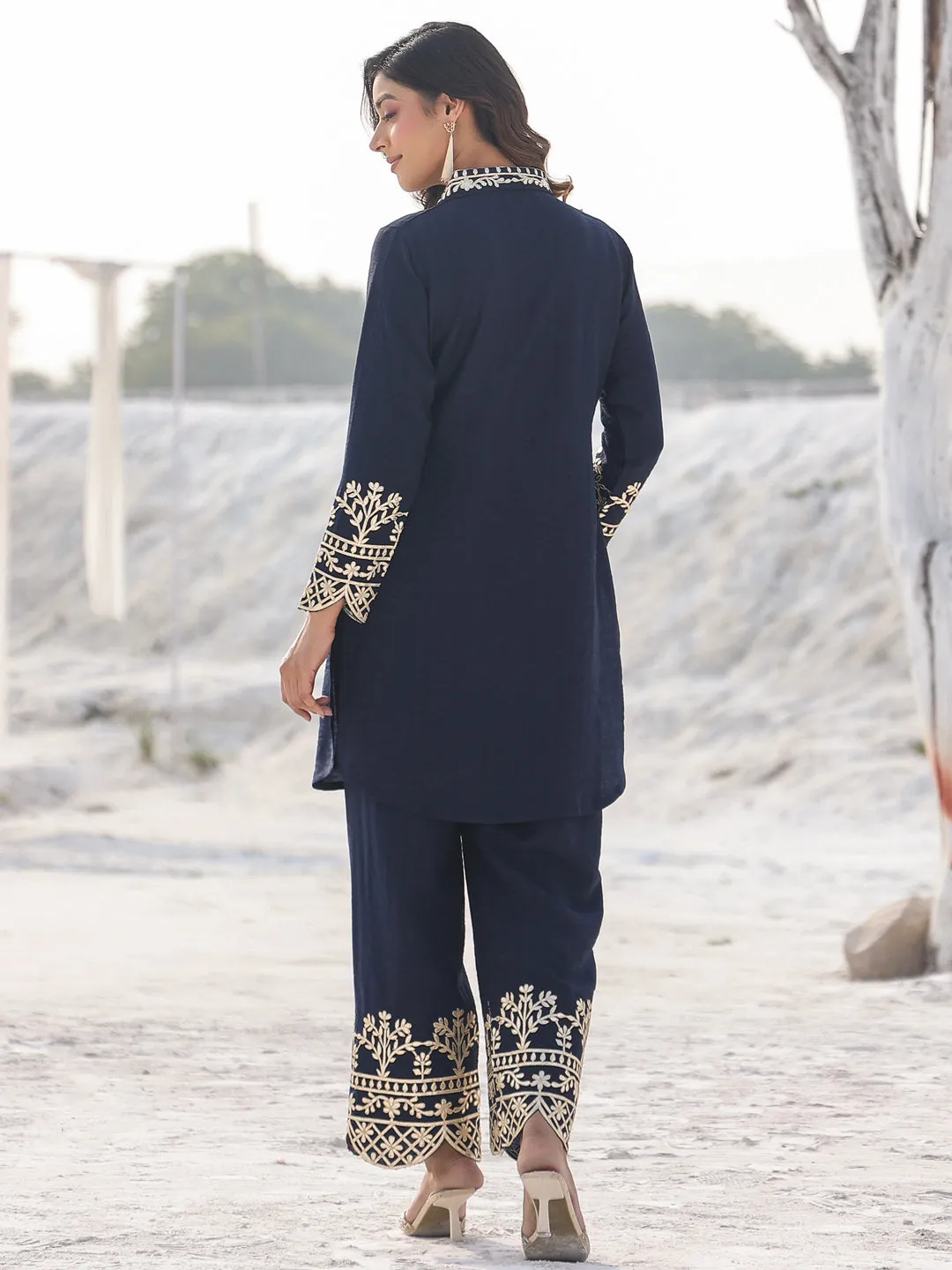 Women navy blue pure silk Co-ord set with gota work detailing