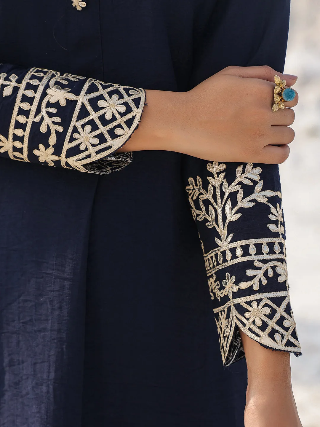 Women navy blue pure silk Co-ord set with gota work detailing