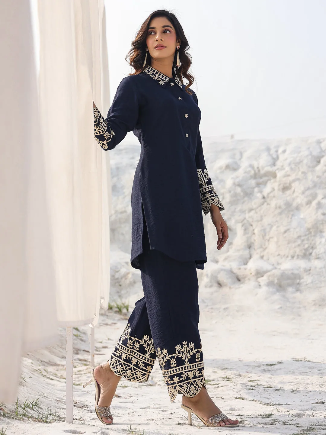 Women navy blue pure silk Co-ord set with gota work detailing
