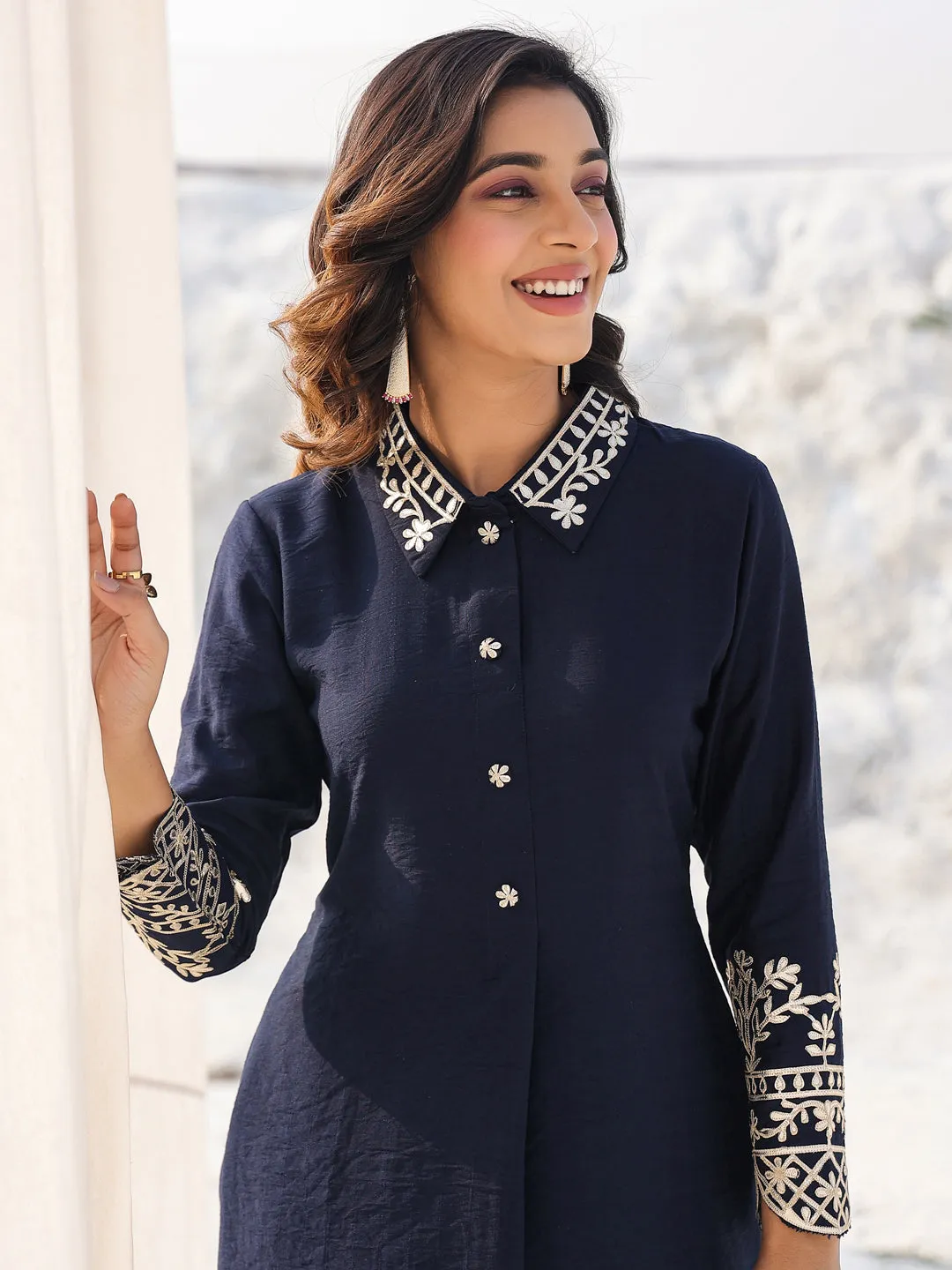 Women navy blue pure silk Co-ord set with gota work detailing