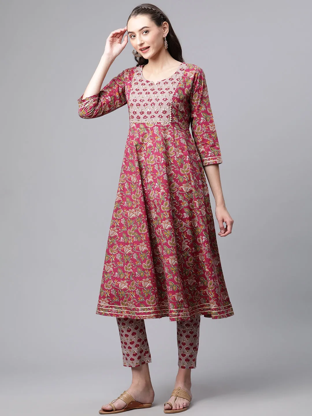 Women Purple Floral Print Cotton Kurta Set