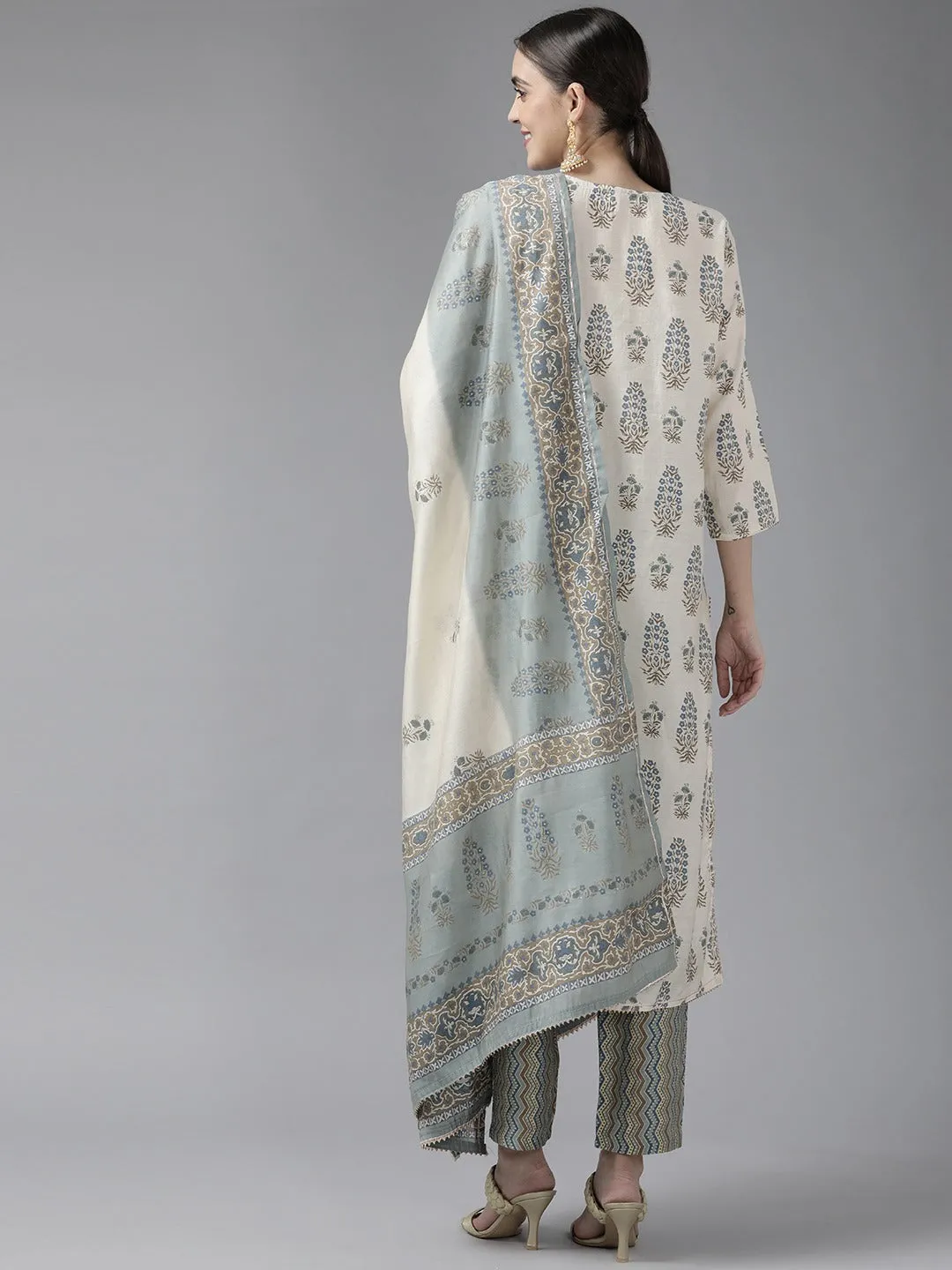 Women Sky Blue And Off White Aari Work Muslin Kurta With Pant And Dupatta Set
