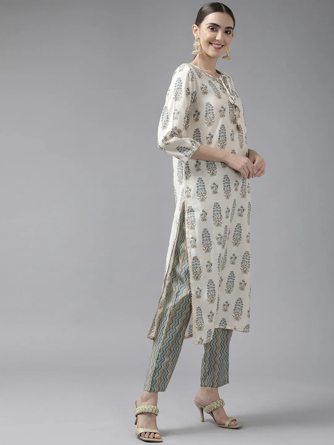 Women Sky Blue And Off White Aari Work Muslin Kurta With Pant And Dupatta Set