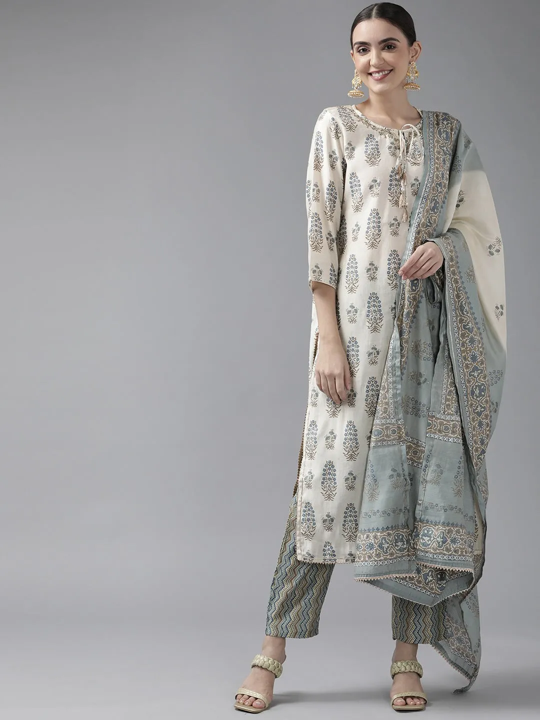 Women Sky Blue And Off White Aari Work Muslin Kurta With Pant And Dupatta Set