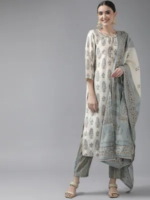 Women Sky Blue And Off White Aari Work Muslin Kurta With Pant And Dupatta Set