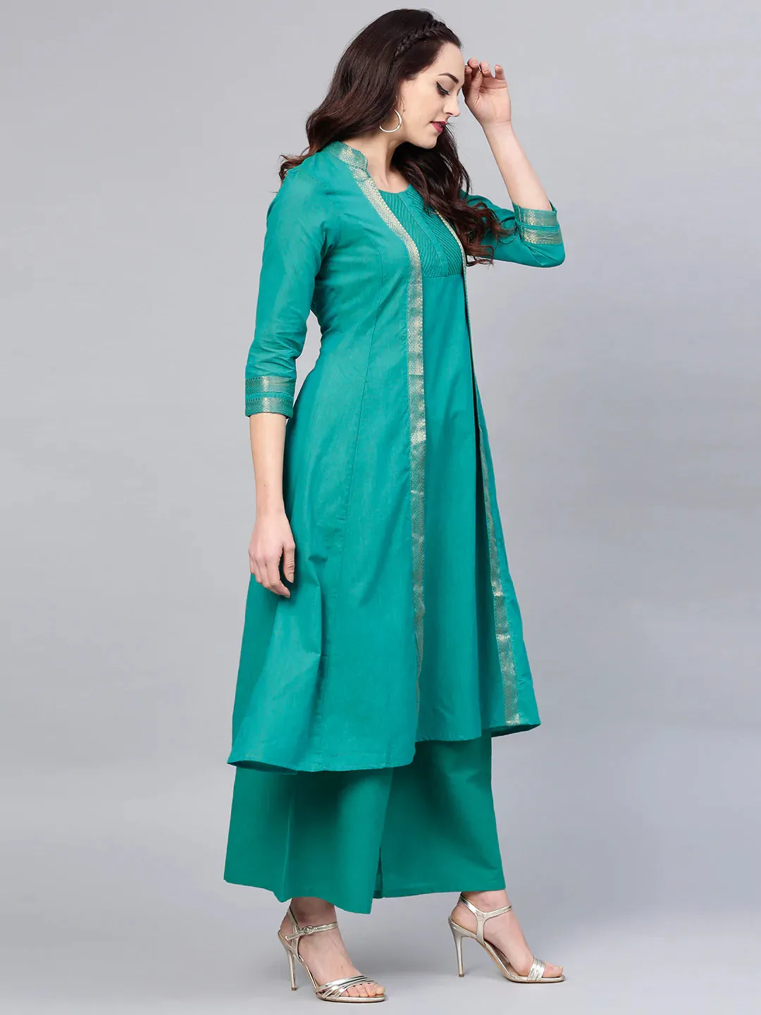 Women'S Green Solid Kurta With Palazzos