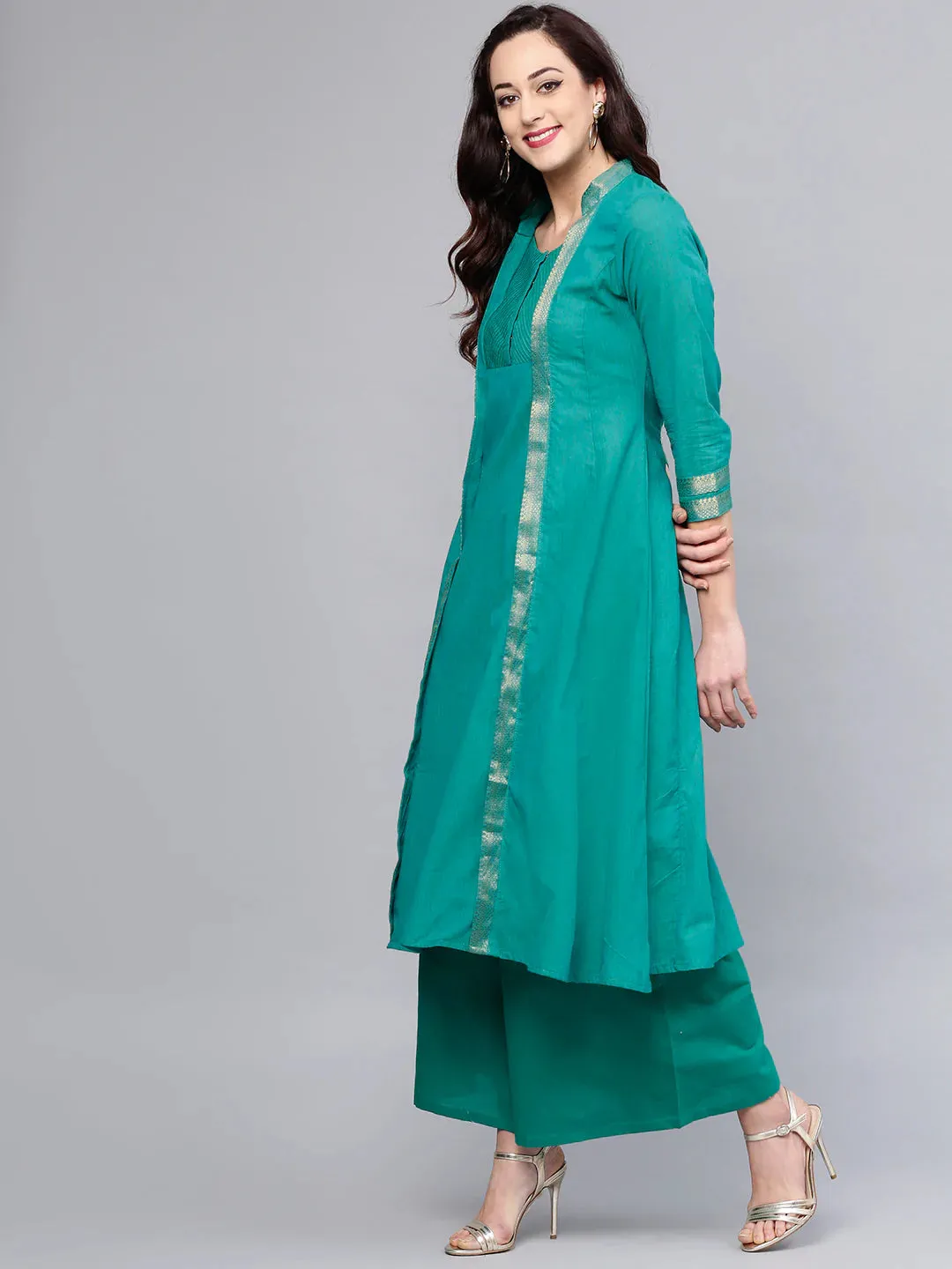 Women'S Green Solid Kurta With Palazzos
