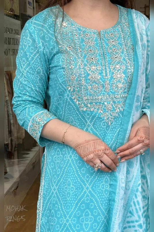 Womens Sky Blue Cotton Bandhani Printed & Embroidery Kurta Set With Dupatta