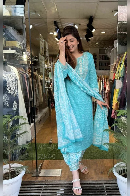 Womens Sky Blue Cotton Bandhani Printed & Embroidery Kurta Set With Dupatta