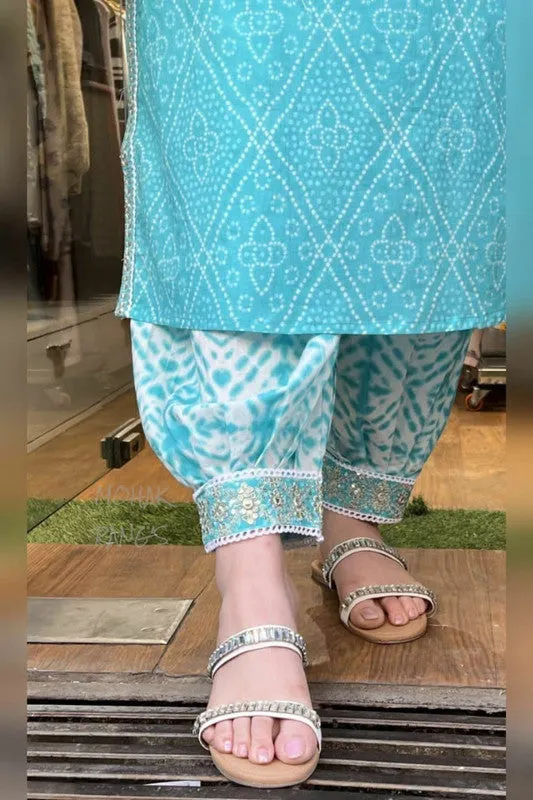 Womens Sky Blue Cotton Bandhani Printed & Embroidery Kurta Set With Dupatta