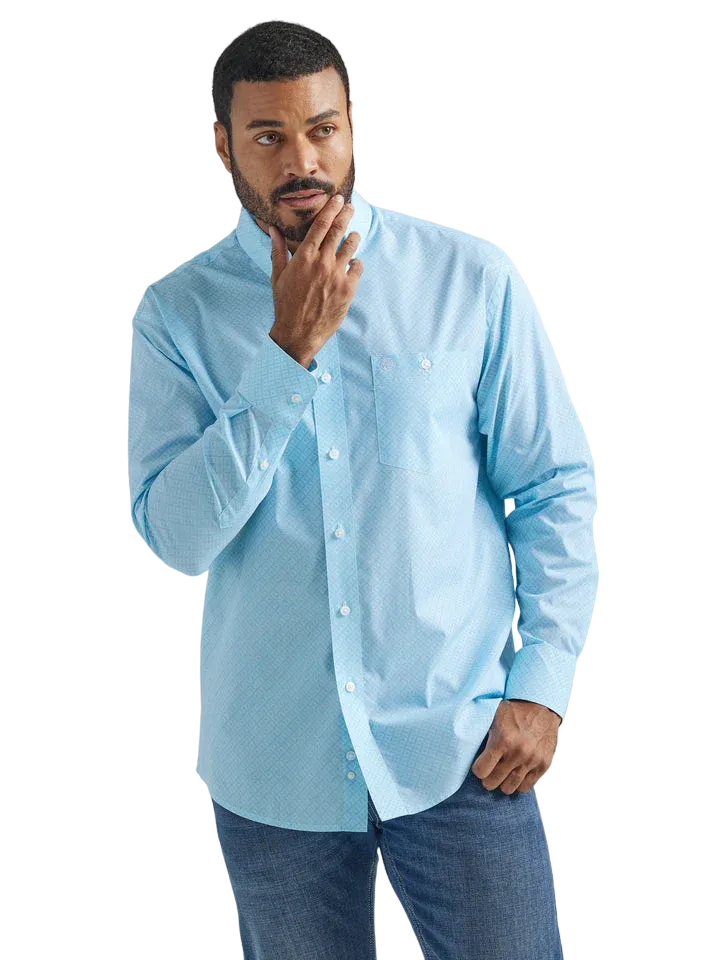 Wrangler Men's Light Blue and White Geo Print Long Sleeve Western Shirt - Big